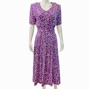 Vintage 80s Ms Chaus Purple Secretary Midi Dress Collar Swirls Scrolls Size 6